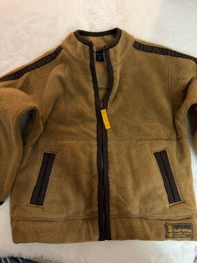 GAP Kids Tan Fleece Puffer Jacket with Dark Brown Trim